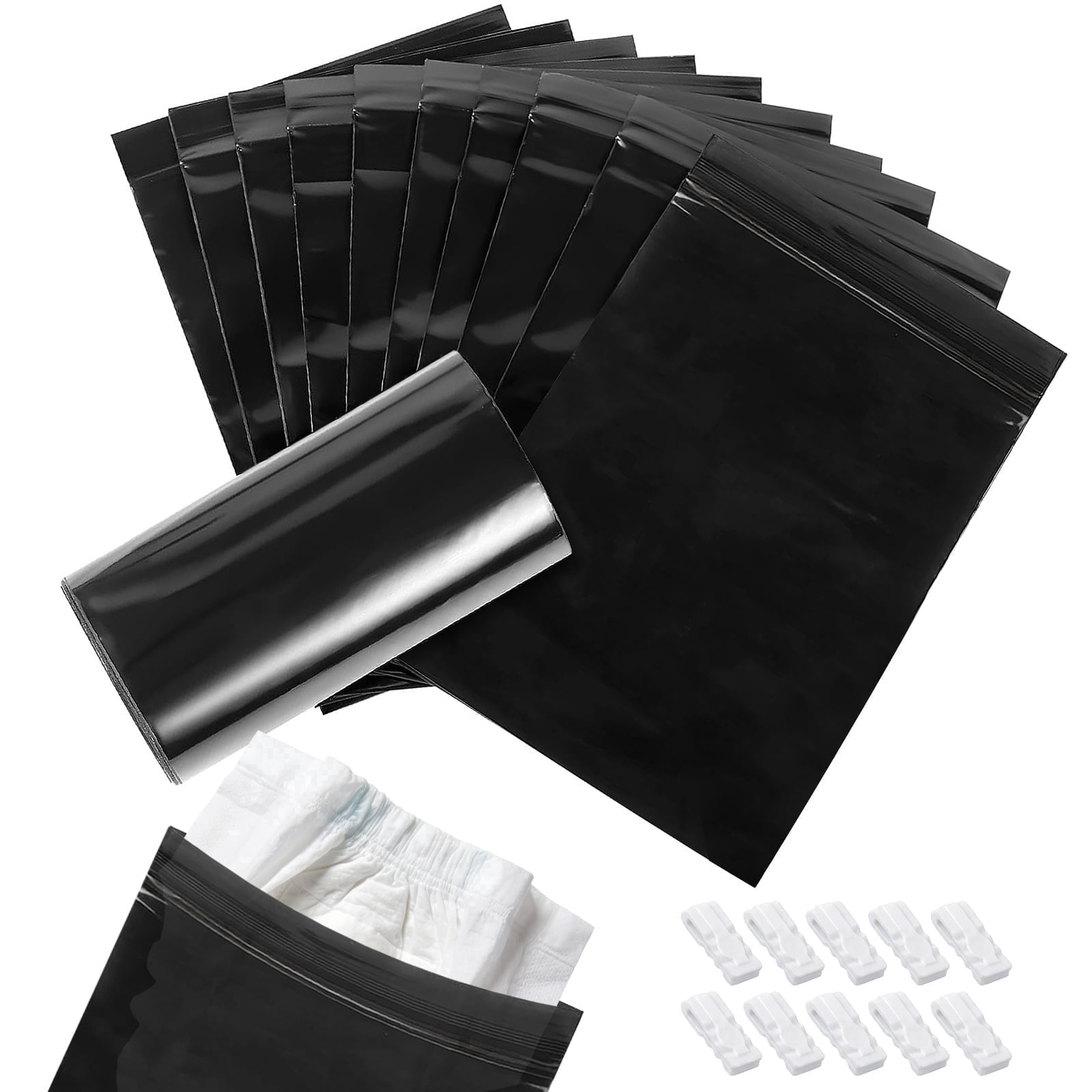 Extra Thick Adult Diaper Disposal Bags, 16x12 inch Odor-Proof Sealed Leak-Proof Bags with 10 Quick-Seal Clips, Elderly Care Garbage Bags, Tear-Resistant Bags 100 Counts