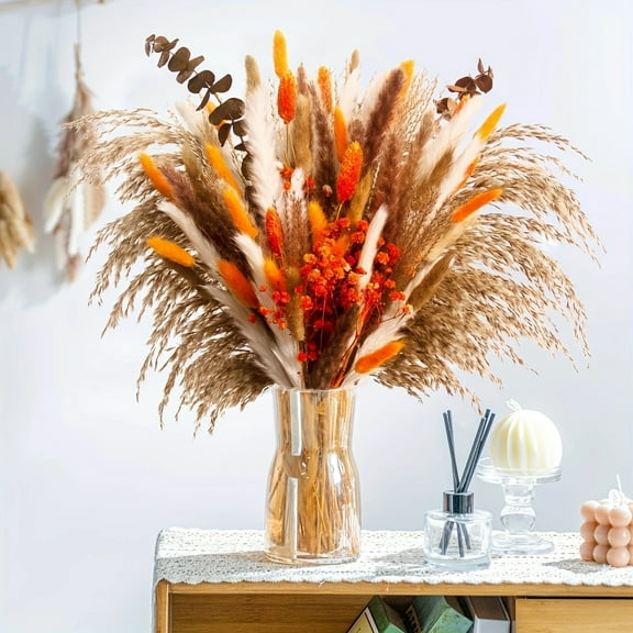 100pcs Fall Home Decor Orange Pampas Grass Decor Autumn Dried Flowers Decorations Fluffy Boho Gold Bouquet Wedding Table Centerpieces Rustic Farmhouse Floral Yellow Boho Decor Indoor Outdoor