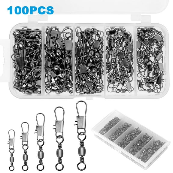 100pcs Fishing Swivels, Fishing Rolling Ball Bearing Barrel Swivel with Safety Snaps High Strength Fishing Connector Swivels Stainless Steel Saltwater Strong Solid Rings Fishing Tackle Accessories