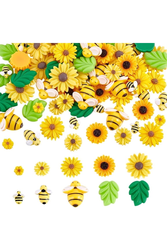 100pcs Flatback Cabochons Resin Bees Daisy Flowers Charms 10 Styles Tiny Bees Sunflower Leaves Resin Charms