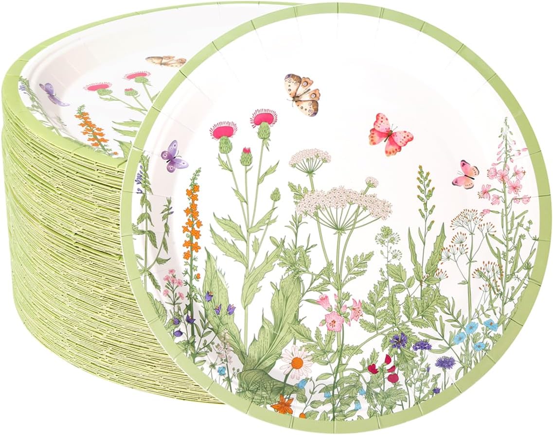 100pcs Floral Paper Plates 9 inch Wildflower Party Plates Disposable Spring Summer Dinner Paper Plate for Birthday Wedding Baby Shower Tea Party Bridal Shower