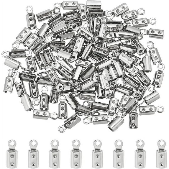 About 100pcs Folding Crimp Ends Crimps Ends Fold Over Cord Ends 2.5mm Inner Dia Terminators Clamp End Tips Jewelry Finding Kit for Bracelets Stainless Steel Color Stainless Steel Color