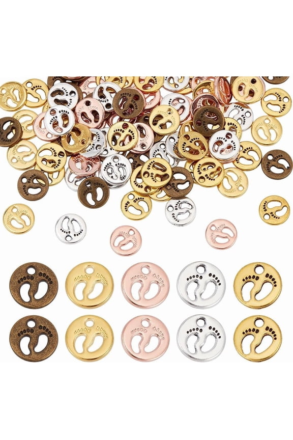 100pcs Foot Footprint Charms 5 Colors Tibetan Alloy Feet Pendants 11mm Flat Round First Step Feet Charms