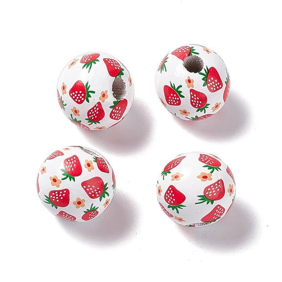 100pcs Fruit Printed Wood European Beads Large Hole Bead Round Red Strawberry Pattern 16x14.5mm Hole: 4.2mm