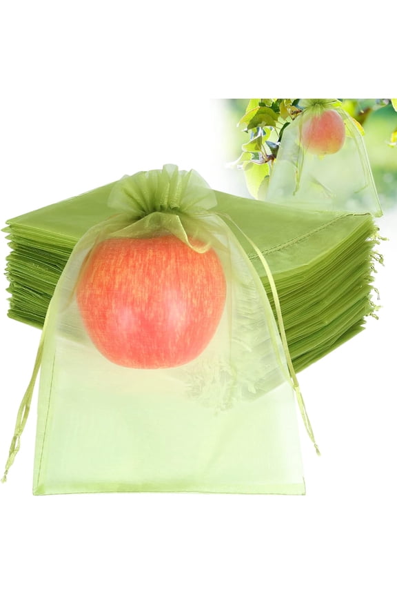 100pcs Fruit Protection Bags 8x12 inch, Green Netting Cover Bags Drawstring Mesh Fruit Protectors Pest Barrier for Grapes Mango Fruit Trees Veggies Garden