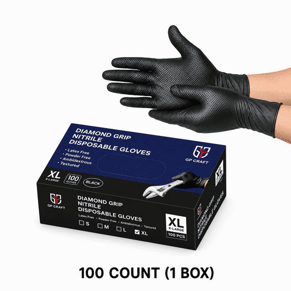 100pcs GP Craft 8Mil Diamond Textured Black Nitrile Gloves (Automative Work) Cleaning Hand Cover