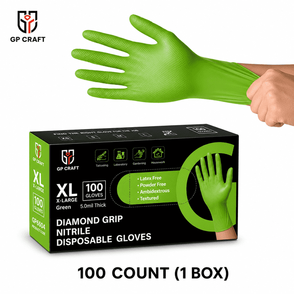 100pcs GP Craft 8Mil Diamond Textured Green Nitrile Gloves (Automative Work) Cleaning Hand Cover