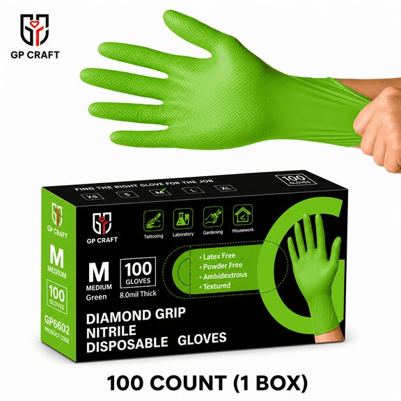 100pcs  GP Craft  8Mil Diamond Textured Green Nitrile Gloves (Automative Work) Cleaning Hand Cover