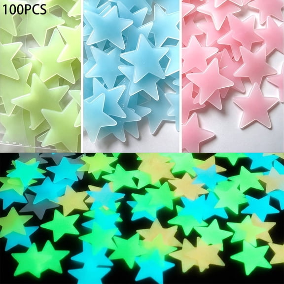 100pcs Glow in The Dark Luminous Stars Fluorescent Noctilucent Plastic Stars Wall Stickers Glowing Stars Decals for Home Art Decor Nursery Ceiling Kids Babys Bedroom Room Multicolor