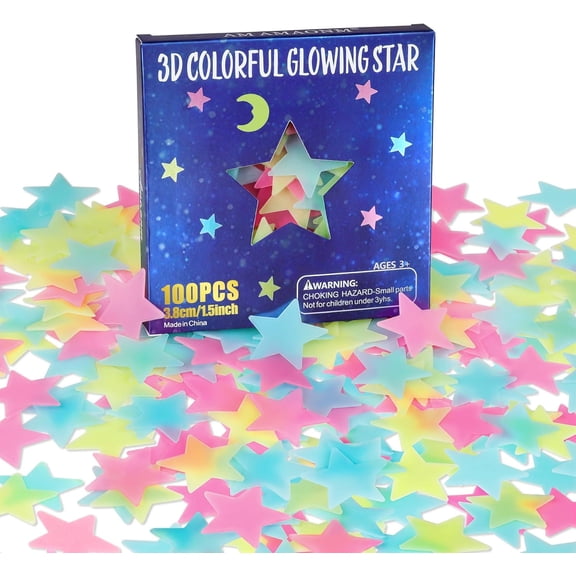 100pcs Glow in The Dark Luminous Stars Fluorescent Noctilucent Plastic Wall Stickers Murals Decals for Home Art Decor Nursery Ceiling Wall Decorate Kids Babys Bedroom Room Multicolor