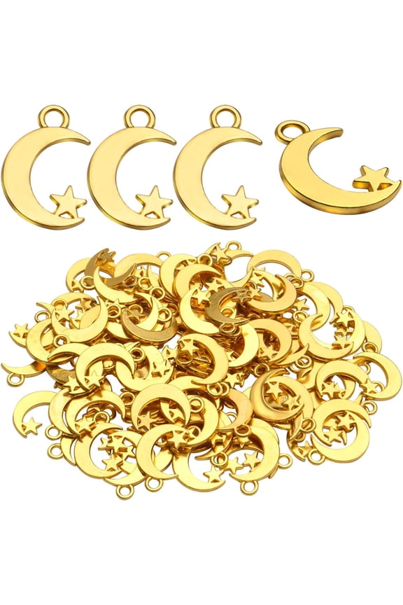100pcs Gold Alloy Moon Star Pendants Crescent Moon Charms for Making Bracelet Necklace Crafts Supplies