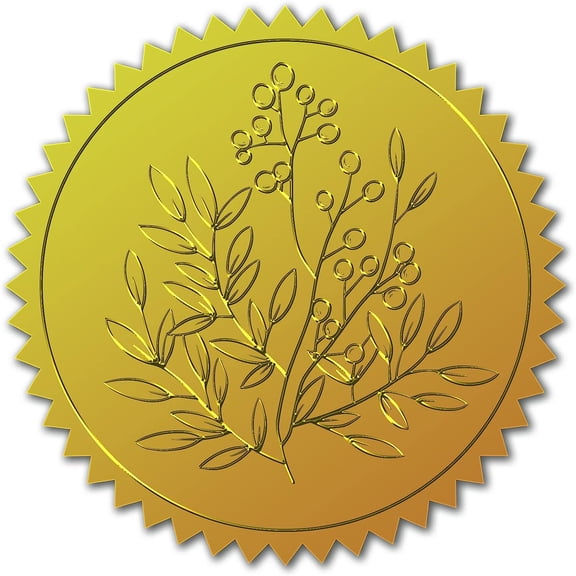 100pcs Gold Foil Certificate Seals 2" Round Self Adhesive Embossed Stickers for Invitations Graduation Monogram - Plant Embossed Gold Gold DIY