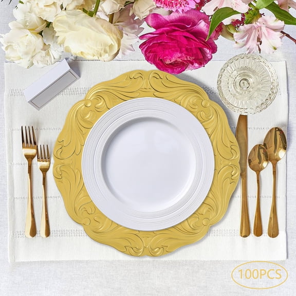 100pcs Gold Plastic 32.5cm European Embossed Western Dessert Plate Scratch-Proof Banquet Bottom Plate