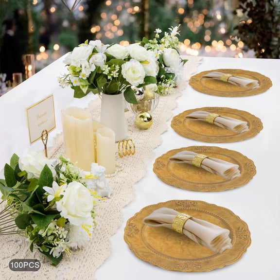 100pcs Gold Plastic 33cm Western Dim Sum Plate Single-Sided Painted Decorative Plate Gold Embossed Disc