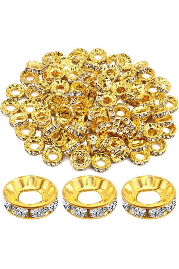 100pcs  Golden Plated Rhinestone Spacer Beads Large Hole European Rondelle Beads Round Shiny Crystal Loose Beads for DIY Bracelet Necklace Jewelry Making,10 mm