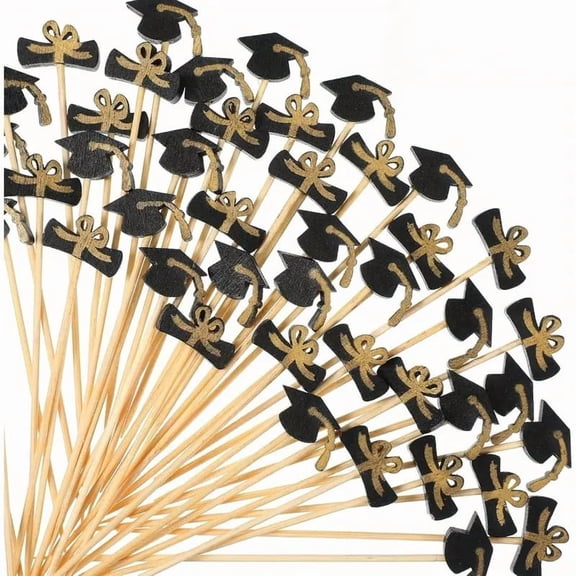 100pcs Graduation Cocktail Picks - 4.7 Inch Bamboo Toothpicks with Fun Bachelor Hat Design for Celebrations