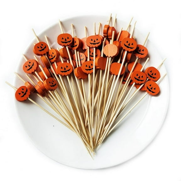 100pcs Halloween Pumpkin Bamboo Skewers Fruit Fork Dessert Salad Vegetable Toothpick Skewer Cocktail Sticks Halloween Decor