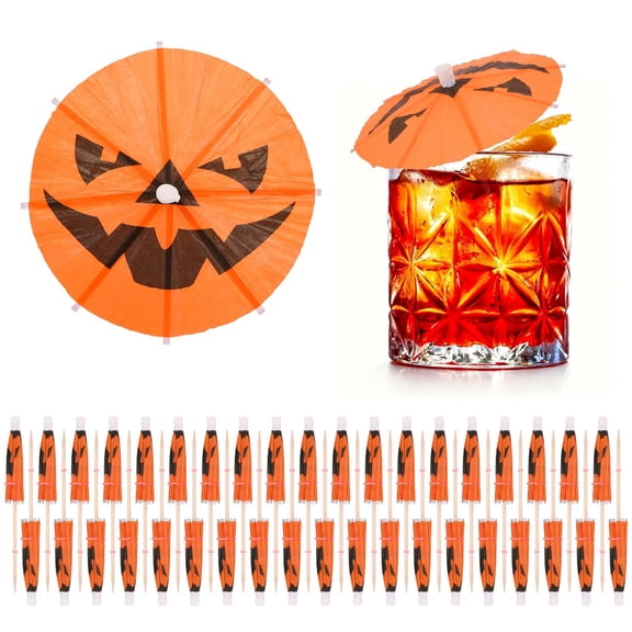 100pcs Halloween Pumpkin Cocktail Drink Umbrella, Mini Cocktail Umbrella Toothpicks for Drink Toppers Summerween Party Cocktail Decorations Summer Halloween Party Supplies