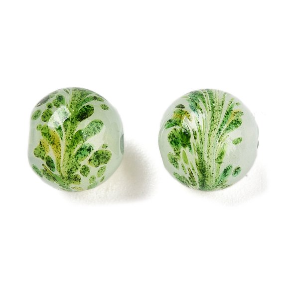 100pcs Handmade Green Sand Lampwork Beads Round with Flower Green 9x10mm Hole: 1.6mm