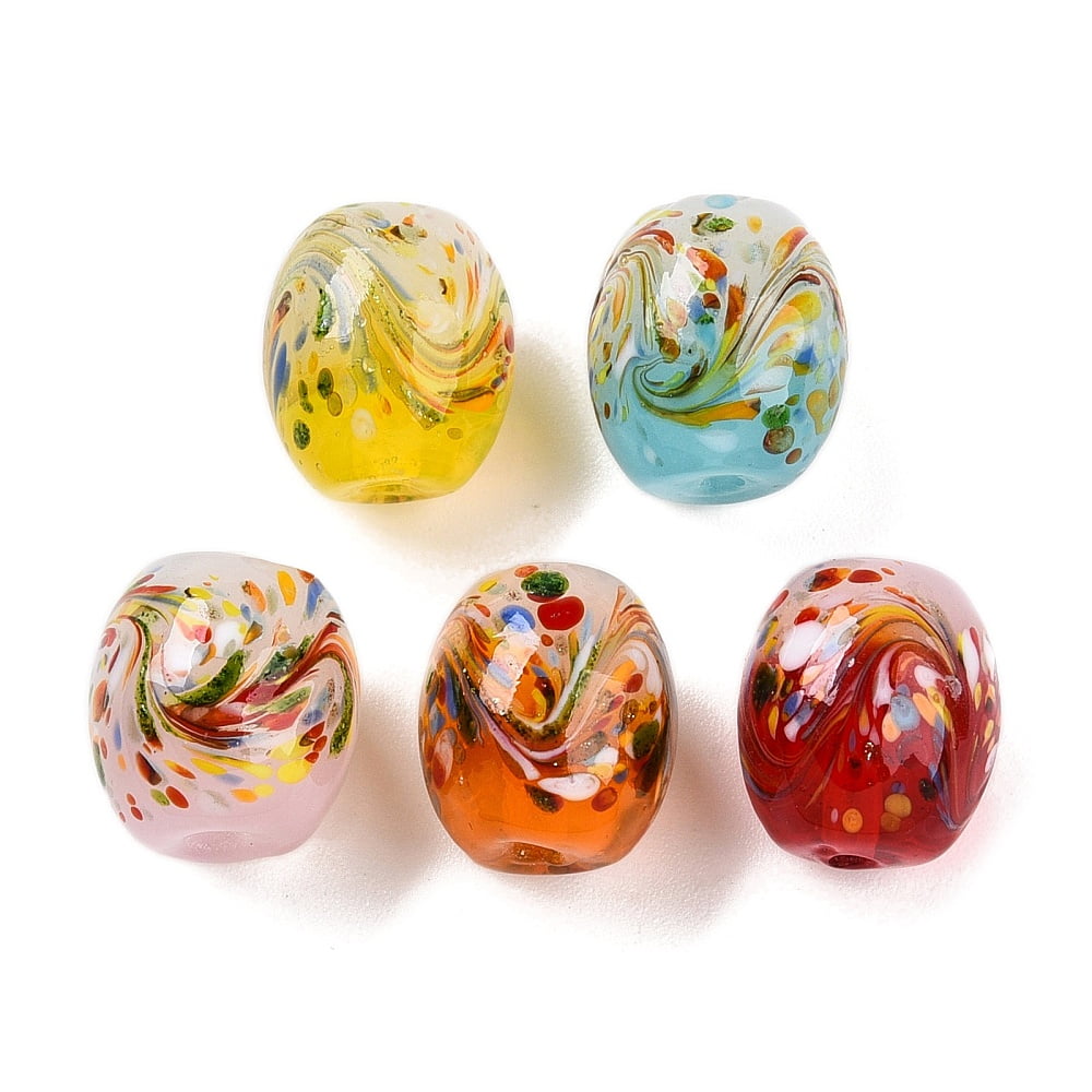 100pcs Handmade Lampwork Beads Barrel with Flower Two Tone Mixed color 13~14x11.5~12mm Hole: 1.2~2.5mm
