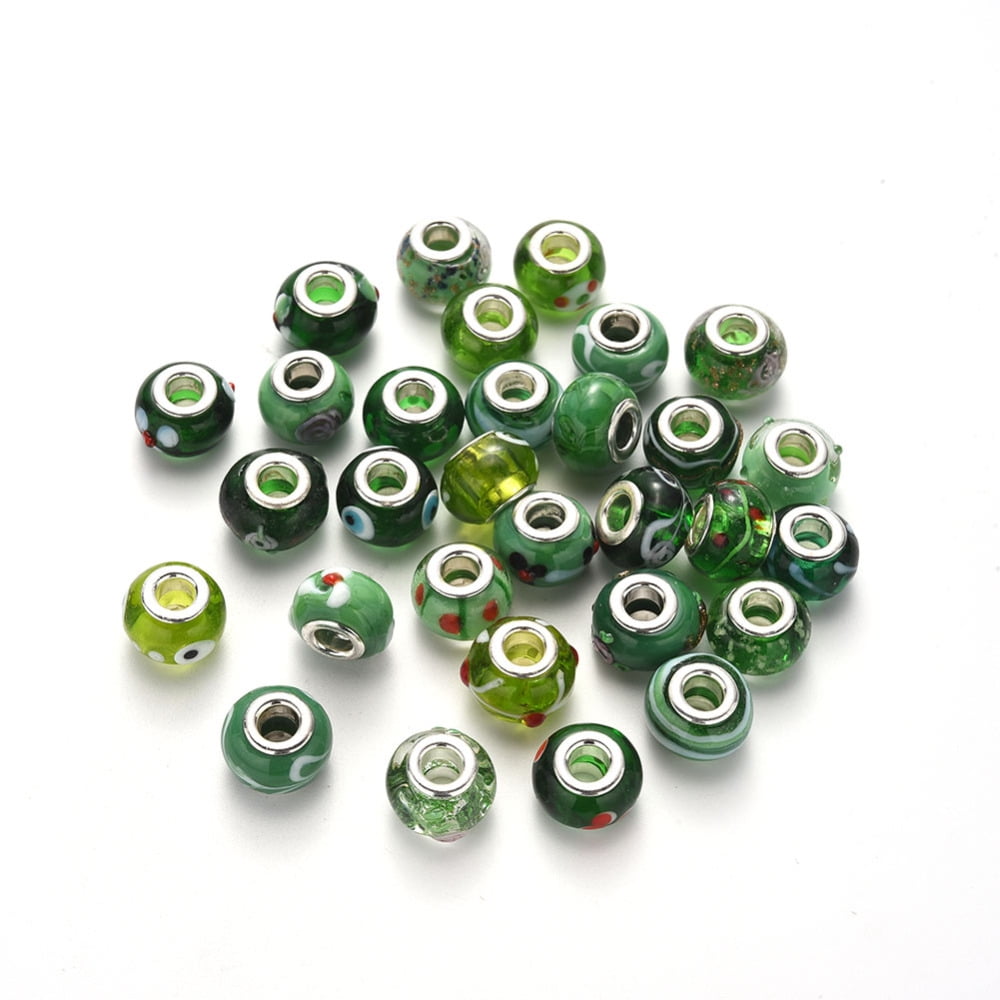 100pcs Handmade Lampwork European Beads Large Hole Rondelle Beads with Platinum Tone Brass Double Cores Mix Pattern Green 14~16x9~10mm Hole: 5mm