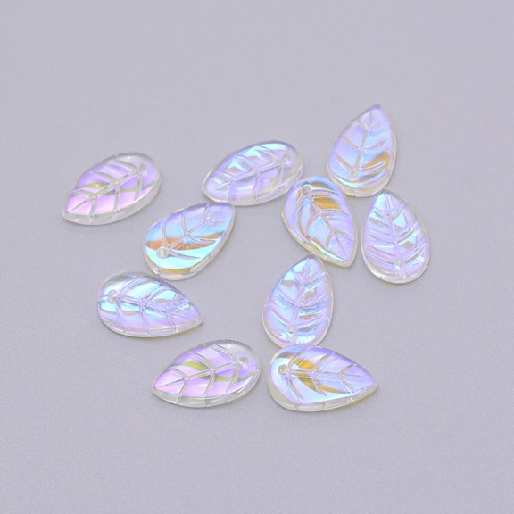100pcs Handmade Luminous Top Drilled golden Sand Lampwork Beads Leaf Clear AB 18x11x3.5mm Hole: 1.2mm