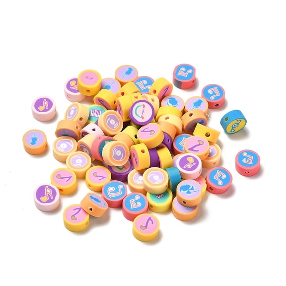 100pcs Handmade Polymer Clay Beads Flat Round with Musical Note Pattern Mixed color 9.5~10x4.5~5mm Hole: 1.6~1.8mm
