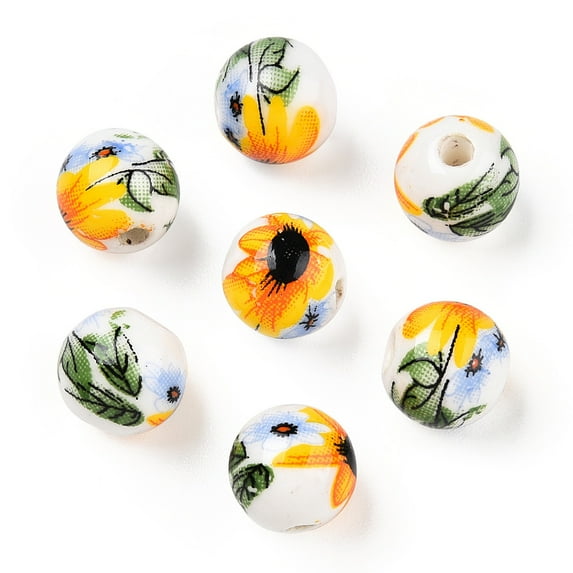 100pcs Handmade Porcelain Beads Round with Sunflower Pattern White 8mm Hole: 1.8mm
