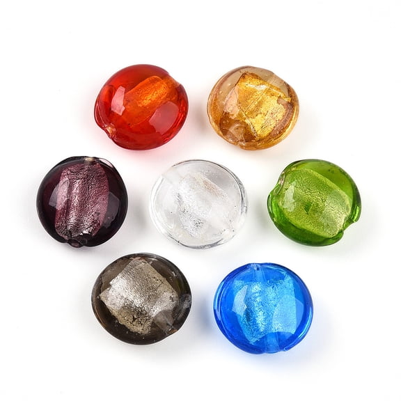 100pcs Handmade Silver Foil Glass Beads Flat Round Mixed color 15~17x8.5~9.5mm Hole: 1~2mm