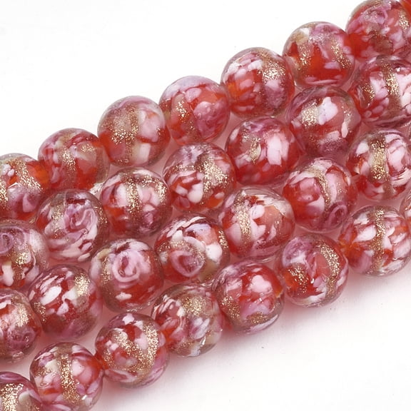 100pcs Handmade golden Sand Lampwork Beads Inner Flower Round Red 8~8.5x7~8mm Hole: 1.5~2mm