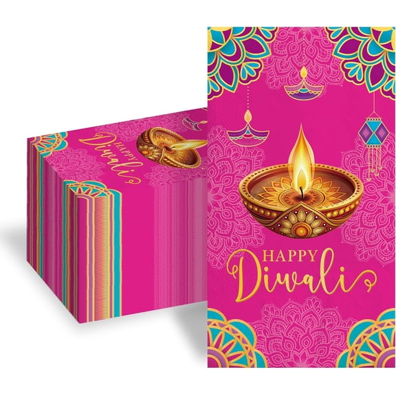 100pcs Happy Diwali Napkins 3 Ply Diwali Paper Napkins Decorations Disposable Absorbent Hand Towels for Bathroom Cocktail Napkins for Diwali Light Festival Indian Party Supplies