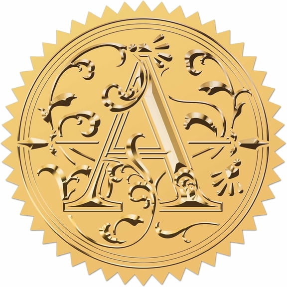 100pcs Initial Alphabets A Gold Foil Embossed Stickers 2" Leaf Letter Vintage Foil Self Adhesive Sticker Decor Labels for Achievement Awards Wedding Invitation Graduate Diplomas Certificate