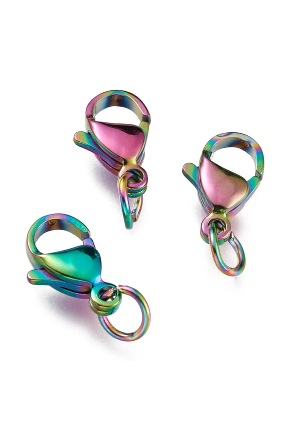 100pcs Ion Plating(IP) 304 Stainless Steel Lobster Claw Clasps With Jump Ring Rainbow color 12x7x3.5mm Hole: 3mm Jump Ring: 5x0.6mm