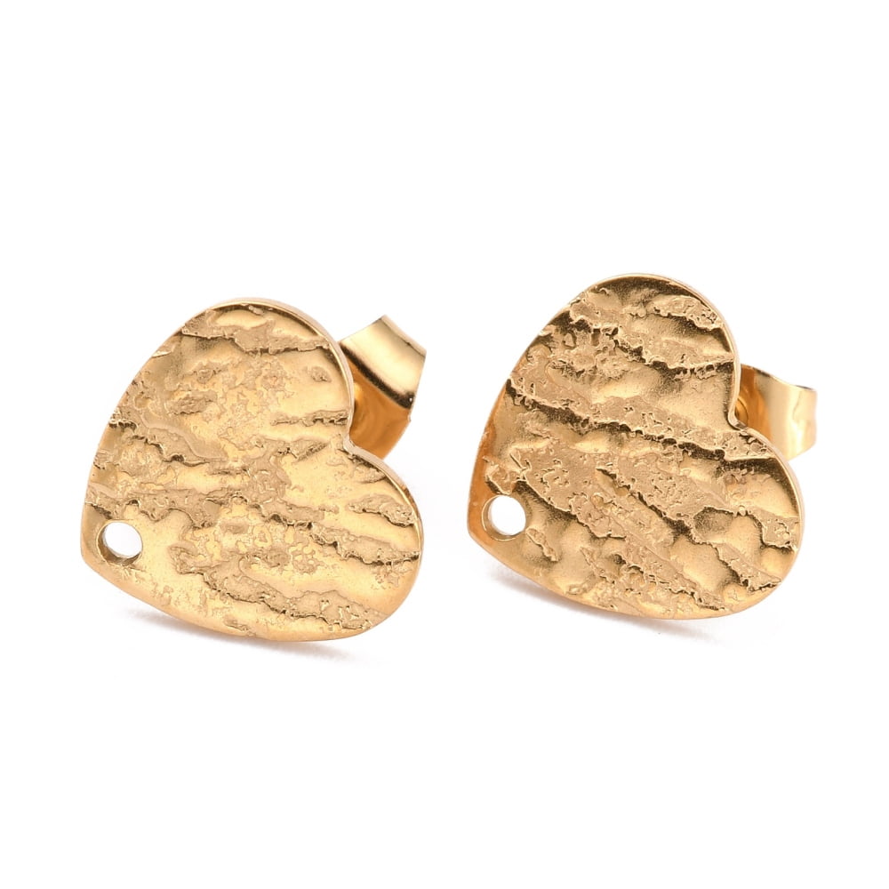 100pcs Ion Plating(IP) 304 Stainless Steel Stud Earring Findings with Ear Nuts/Earring Backs and Hole Heart Shape with Textured Golden 12x13x1mm Pin: 0.8mm
