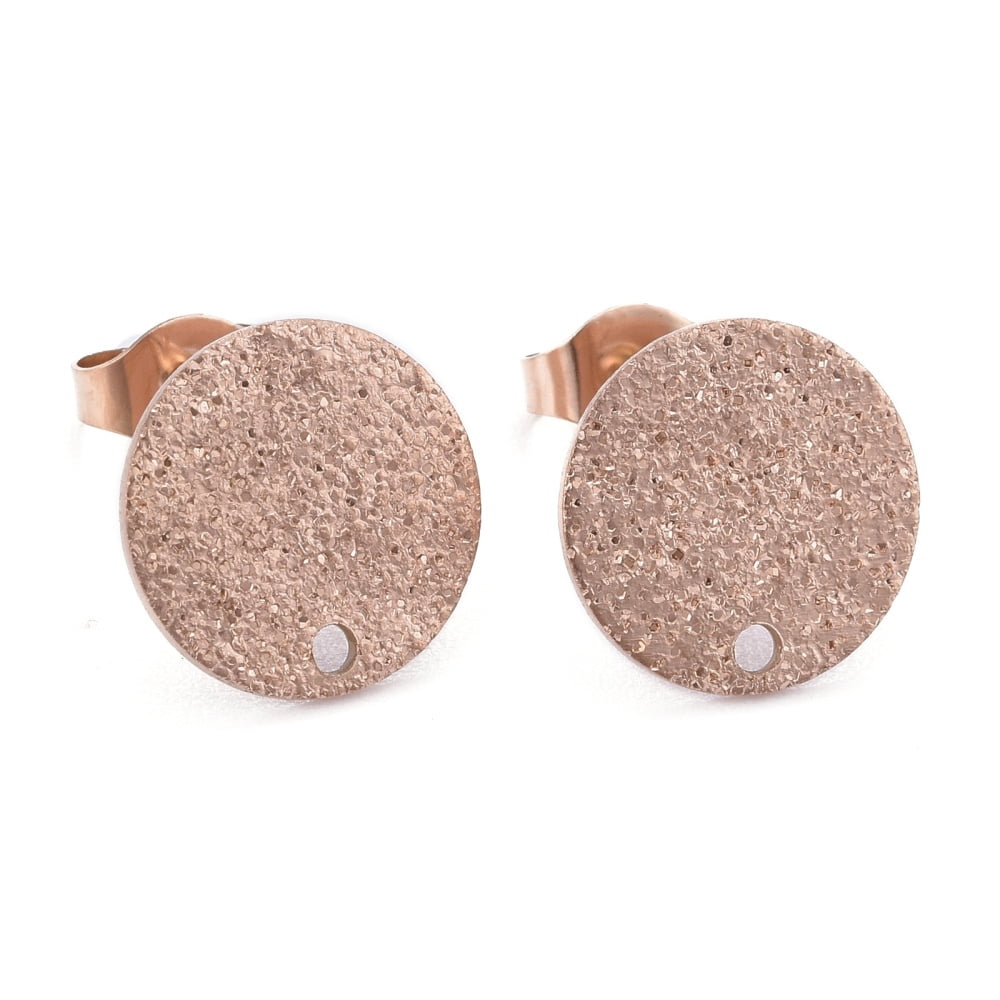 100pcs Ion Plating(IP) 304 Stainless Steel Stud Earring Findings with Earring Backs & Loop Textured Flat Round Rose golden 12x1mm Hole: 1.4mm Pin: 0.8mm