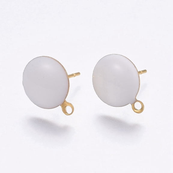100pcs Ion Plating(IP) 304 Stainless Steel Stud Earring Findings with Loop Enamel Flat Round Golden White 12.5x10x2mm Hole: 1.2mm Pin: 0.8mm 100pc/bag