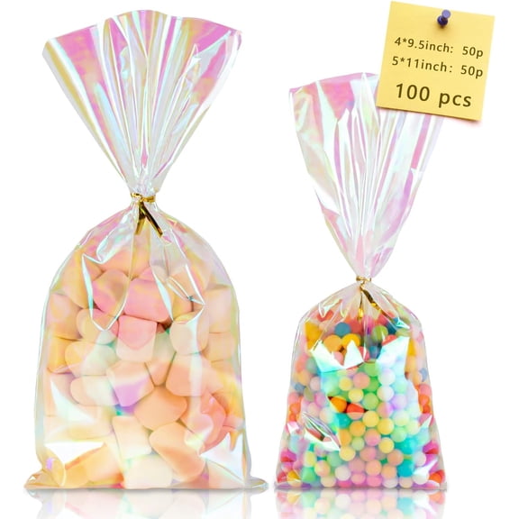 100pcs Iridescent Cellophane Bags Goodie Candy Gift Bags 511 49.5 Valentines Day Treat Bags with Ties Clear Holographic Party Favor Wraps Easter Christmas