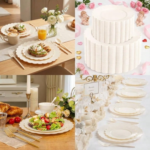 100pcs Ivory Plastic Plates Fancy Disposable Scalloped Plates for Party Heavy Duty for PartyWedding Brthdays Bridal Shower Plate Include 50 Plastic Dinner Dert Plate