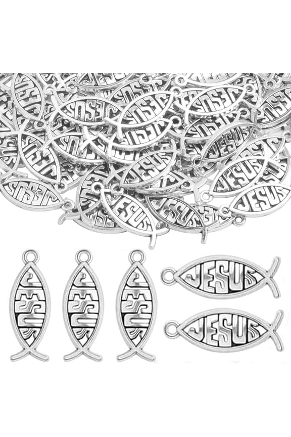 100pcs Jesus Fish Charms Tibetan Alloy Christian Fish Shaped Jesus Pendants Charms Craft Supplies for DIY Bracelet Necklace Jewelry Making Findings,Antique Silver