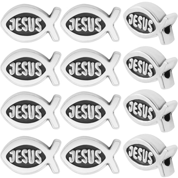 100pcs Jesus Fish Spacer Beads Antique Silver Religious Charm Beads Tibetan Alloy Christian Fish Shape Loose Beads for DIY Bracelet Necklace Jewelry Making Supplies