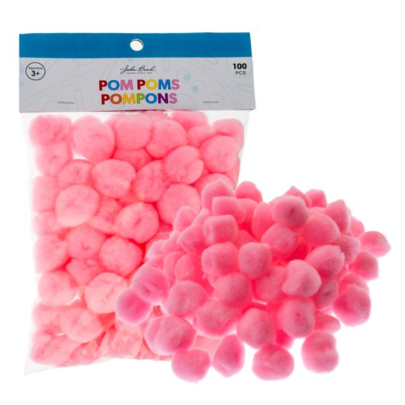 100pcs John Bead 1in Pink Round Pom Poms for Crafts DIY Art Creative School Projects Party Favors Decorations Supplies