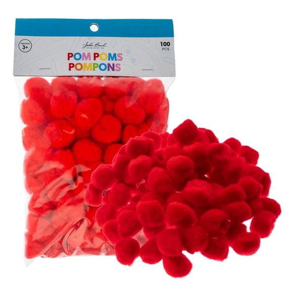 100pcs John Bead 1in Red Round Pom Poms for Crafts DIY Art Creative School Projects Party Favors Decorations Supplies