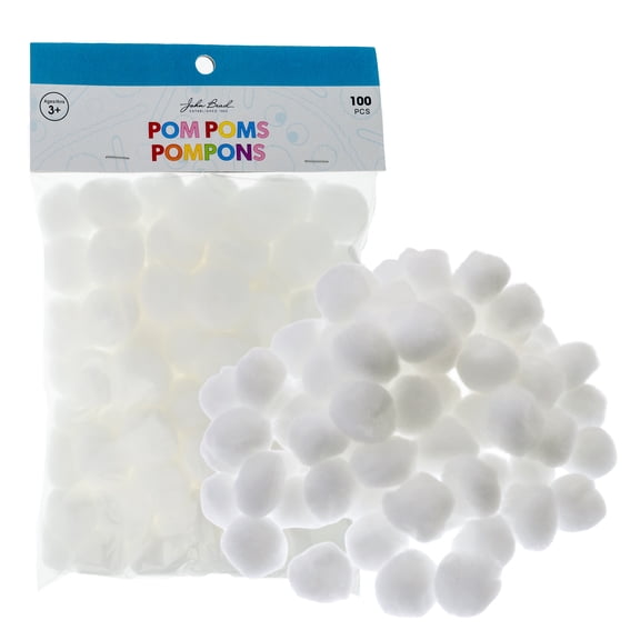 100pcs John Bead 1in White Round Pom Poms for Crafts DIY Art Creative School Projects Party Favors Decorations Supplies