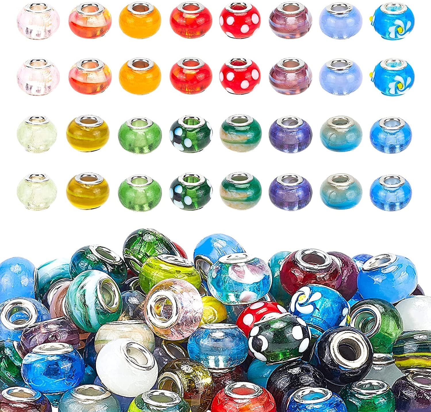 100pcs Lampwork Glass European Beads Large Hole Beads Mixed Handmade Garden Decor Beaded Loose Slide Beads for DIY Bracelet Jewelry Making Yard Patio Plant Pot Flower Decor Hole: 5mm Mixed Color