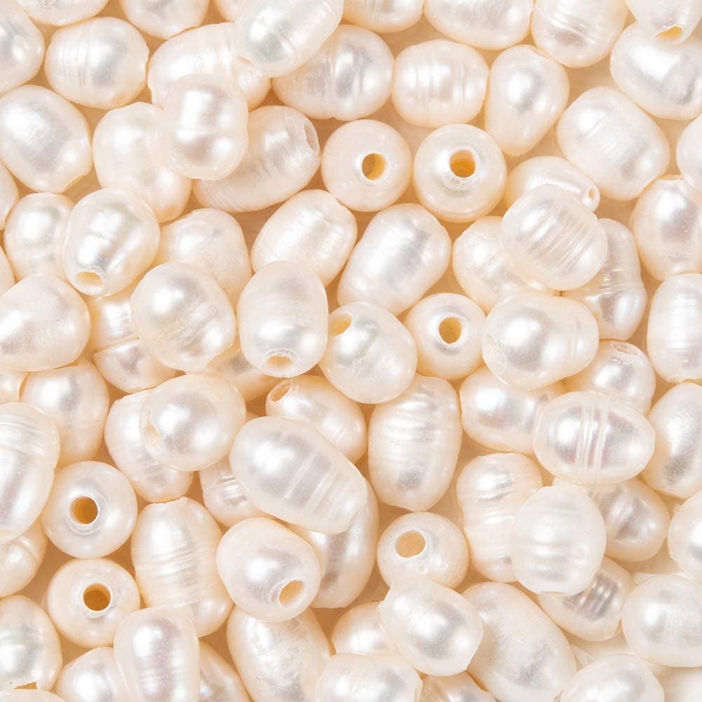 100pcs Large Hole Pearl Beads 7-10mm Natural Cultured Freshwater Pearl Loose Beads Natural Oval Pearls for Leather Cord Beading Jewelry Making DIY Crafts Hole: 1 8mm