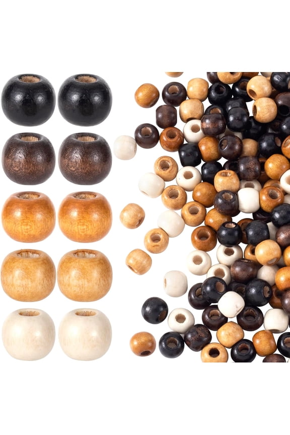 100pcs Large Hole Wooden Beads for Crafts, Vintage Round Natural Wood Hair Bead, 5 Colors 9X10mm Wooden Loose Spacer Beads for Macrame Necklace Bracelet Hair DIY Craft Handmade Decor