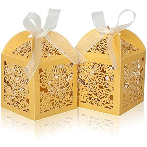 100pcs Laser Cut Favor boxes, Wedding Favors Candy Boxes with Ribbons and Tags, Small Gift Boxes for Wedding,Party,Baby Shower,Bridal Shower (100-2x2x2.76", Gold)