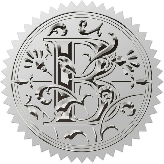 100pcs Letter B Silver Foil Embossed Stickers 2" Leaf Initial Alphabets Vintage Foil Self Adhesive Sticker Labels for Achievement Awards Wedding