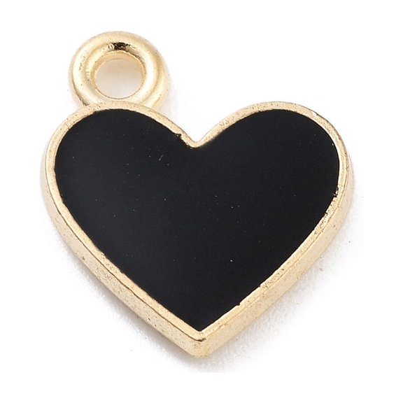 100pcs Light Gold Plated Alloy Enamel Charms Cadmium Free Lead Free Heart Charm Black 13x11x2mm Hole: 1.5mm
