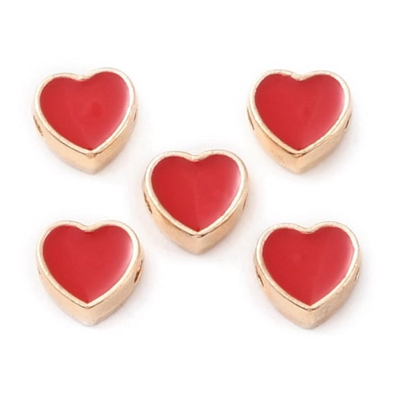 100pcs Light golden Alloy Enamel Beads Heart Red 7.5x8x3.5mm Hole: 1.6mm
